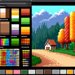 **Prompt:** A vibrant, real-time browser-based pixel art editor interface. Focus on the brush tools, color palettes, and a texture being edited with live preview. Showcase the ease of use for indie game development. The style should be modern and clean, reflecting German design aesthetics. Subtle WebAssembly logo integration.