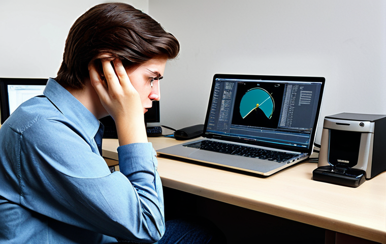 A professional-looking student, fully clothed in modest everyday attire, sits at an outdated desk, head in hands, looking visibly frustrated at a computer screen displaying a slow loading bar. The background shows a cluttered home office with older tech, conveying a sense of technical difficulty and waiting. Perfect anatomy, correct proportions, natural pose, well-formed hands, proper finger count, natural body proportions, professional photography, high quality, safe for work, appropriate content, fully clothed, family-friendly.