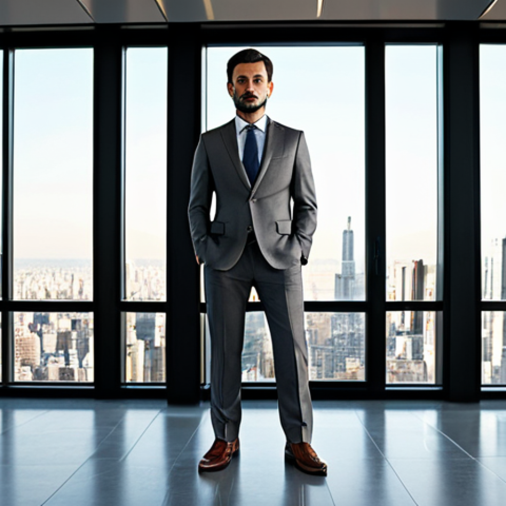 Modern Architect's Office**
"A professional architect in a tailored gray suit, standing in a bright, modern office with large windows overlooking a cityscape, fully clothed, appropriate attire, safe for work, perfect anatomy, natural proportions, architectural photography, high quality, professional setting, warm lighting, clean lines."
**