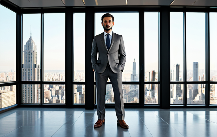 Modern Architect's Office**
"A professional architect in a tailored gray suit, standing in a bright, modern office with large windows overlooking a cityscape, fully clothed, appropriate attire, safe for work, perfect anatomy, natural proportions, architectural photography, high quality, professional setting, warm lighting, clean lines."
**