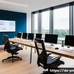 Home 22 웹어셈블리로 만든 데이터 시각화 도구 - A futuristic web developer workspace featuring multiple large transparent screens displaying complex...