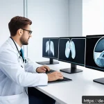 Home 20 웹어셈블리의 의료 이미지 처리 응용 - A modern medical professional in a bright, well-equipped hospital office, analyzing high-resolution ...