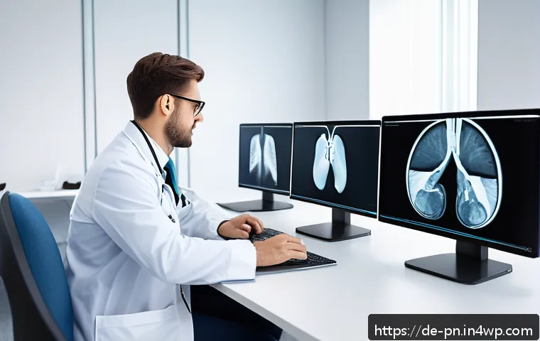 웹어셈블리의 의료 이미지 처리 응용 - A modern medical professional in a bright, well-equipped hospital office, analyzing high-resolution ...